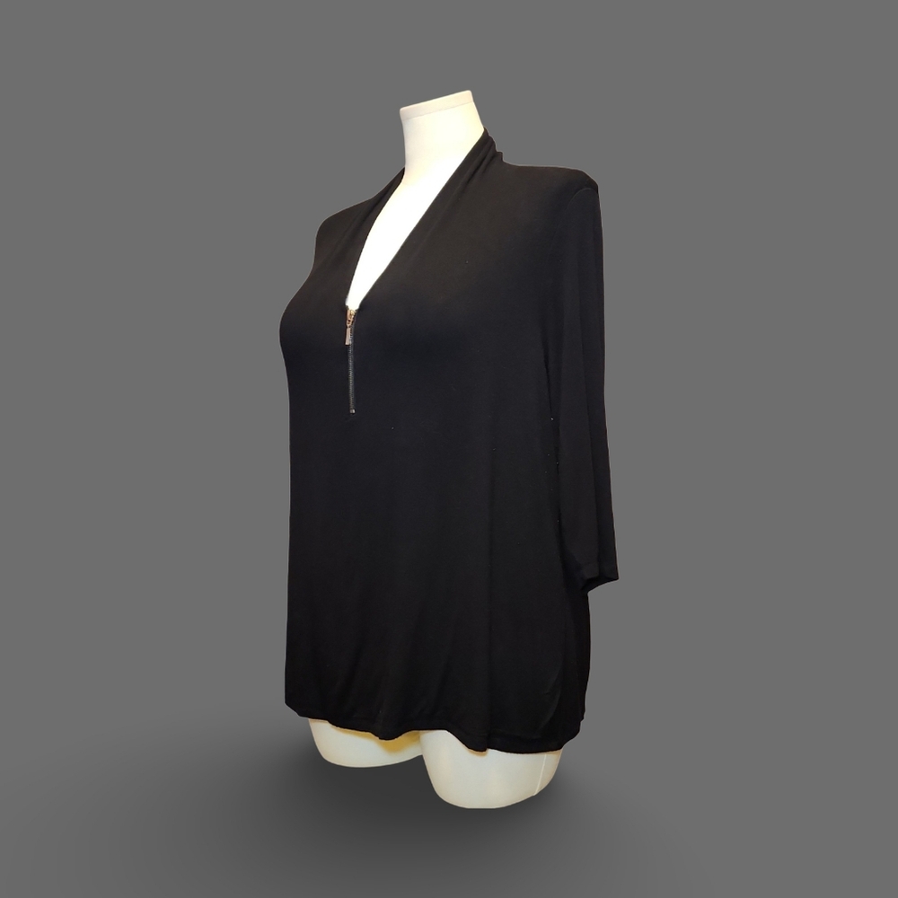 ❥Chic Grace Elements Black Knit Tunic Blouse Zip V-Neck Gold Zipper 2X Steampunk